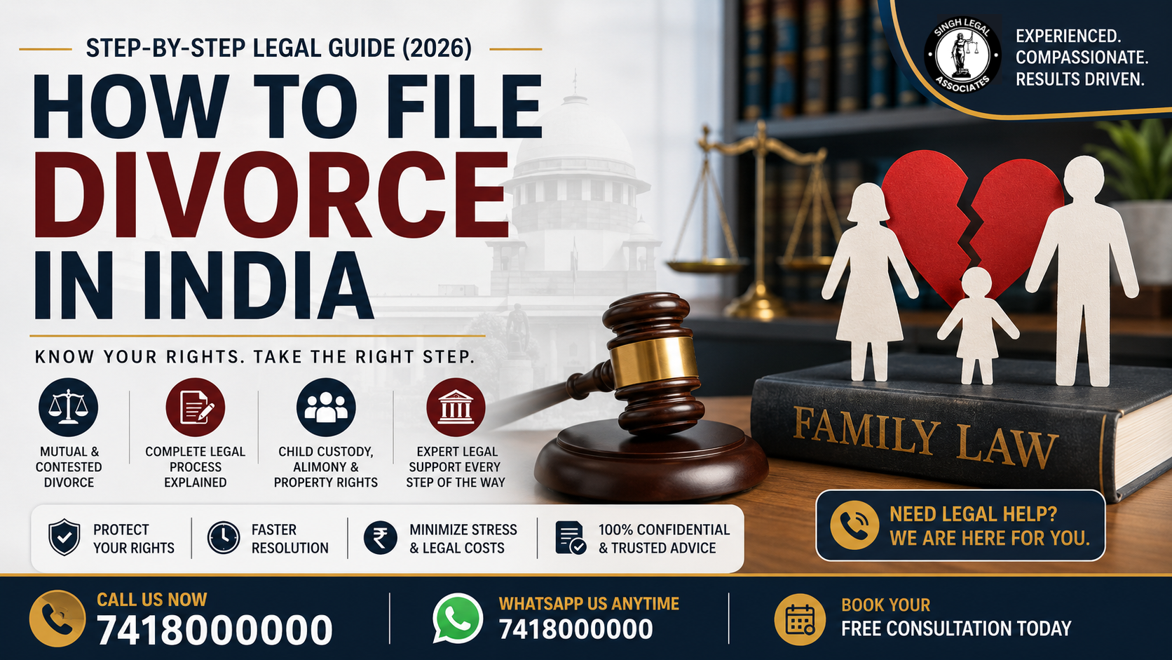 How to file divorce in India - step-by-step legal guide 2026. Learn about mutual and contested divorce, legal process, child custody, alimony, and expert lawyer support. Contact 7418000000 for consultation.
